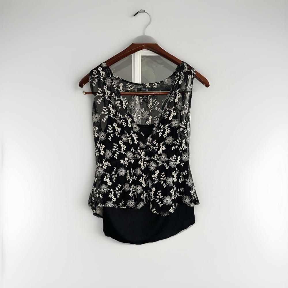 Style & Co Petite Large Black Floral Lace Top With Built In Cami